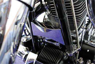 Electraeon Spar Covers installed on a Harley Davidson Road King motorcycle. Front cover.